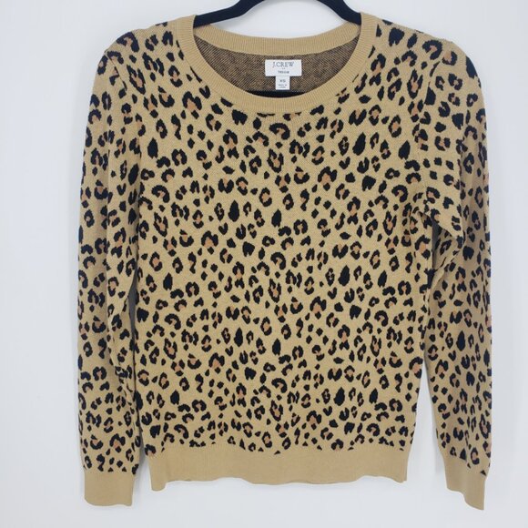J. Crew Leopard Print Teddie Sweater XS Womens Cotton Pullover Crew Tan Black - Picture 1 of 7